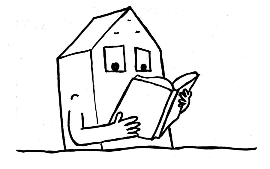 Illustration eines Hauses mit Bauwerksbuch in den Händen